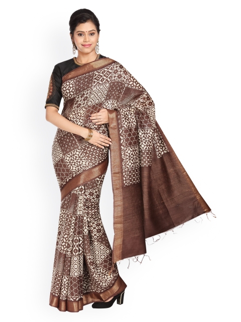 

Vijayalakshmi Silks Brown & White Pure Silk Printed Tussar Saree