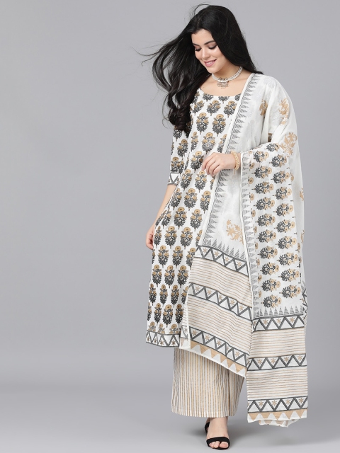 

AKS Couture Women White & Gold-Toned Embroidered Kurta with Sharara & Dupatta