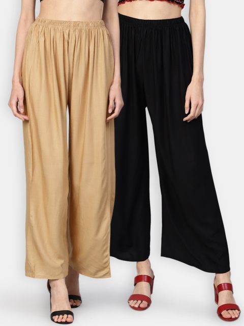 

Jompers Women Pack of 2 Black & Beige Solid Wide Leg Palazzos