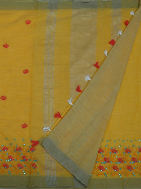 

Pothys Yellow & Red Linen Blend Embroidered Saree