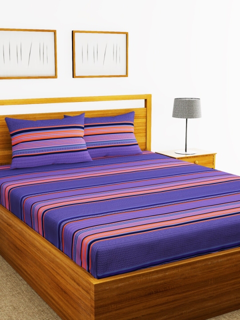 

BIANCA Purple & Orange Striped 110 TC Cotton 1 Extra Large Bedsheet with 2 Pillow Covers