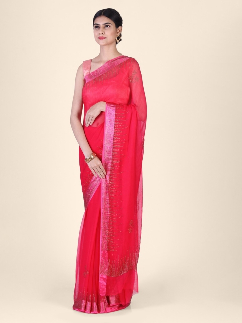 

Hastakala Pink Embellished Pure Georgette Saree