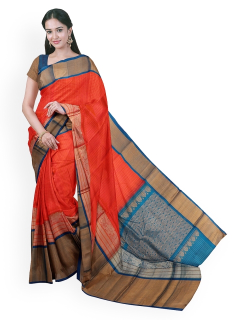 

APCO Coral Pink & Gold-Coloured Silk Cotton Checked Sustainable Saree