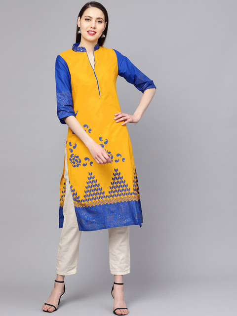 

ZOEYAMS Women Yellow & Blue Block Printed Straight Kurta