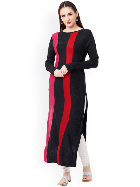 

IMARA Women Black & Red Colourblocked Straight Kurta