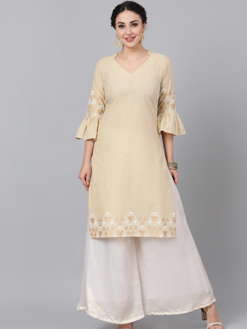 

AKS Women Beige Printed Straight Kurta