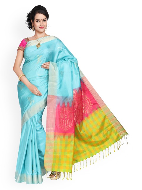 

Vijayalakshmi Silks Blue & Gold-Toned Pure Silk Printed Saree