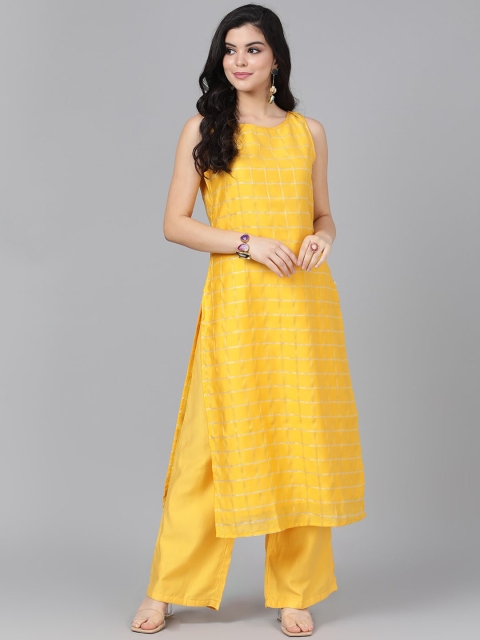 

AKS Couture Women Yellow & Beige Checked Kurta with Palazzos