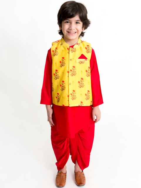 

Lil Peacock Boys Red & Yellow Solid Kurti with Dhoti Pants