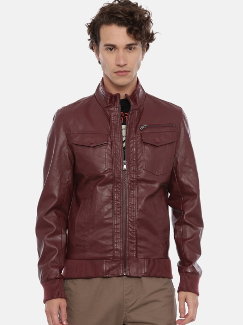 

Breakbounce Men Burgundy Solid Water Resistant Biker Jacket
