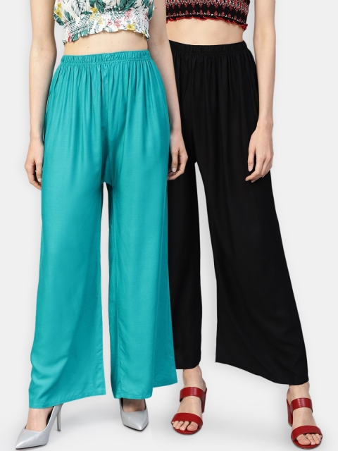 

Jompers Women Pack of 2 Black & Sea Green Solid Wide Leg Palazzos