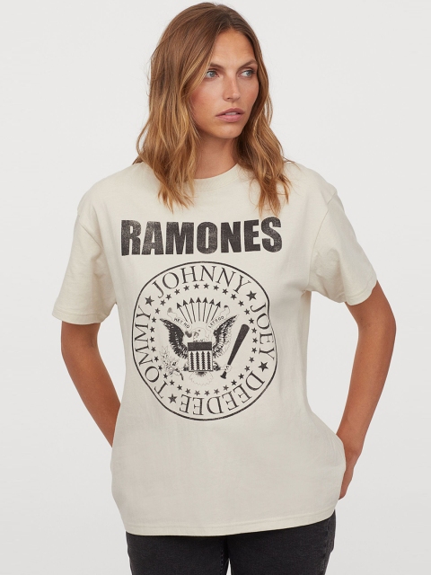 

H&M Women Off-White Oversized Printed T-shirt