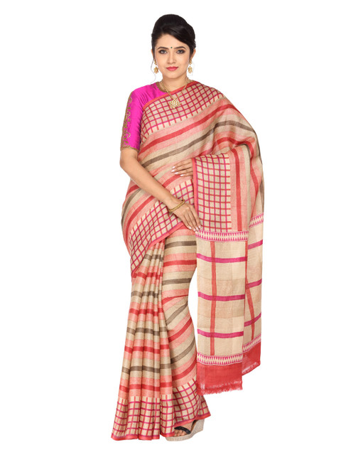 

Vijayalakshmi Silks Beige & Black Pure Silk Checked Tussar Saree