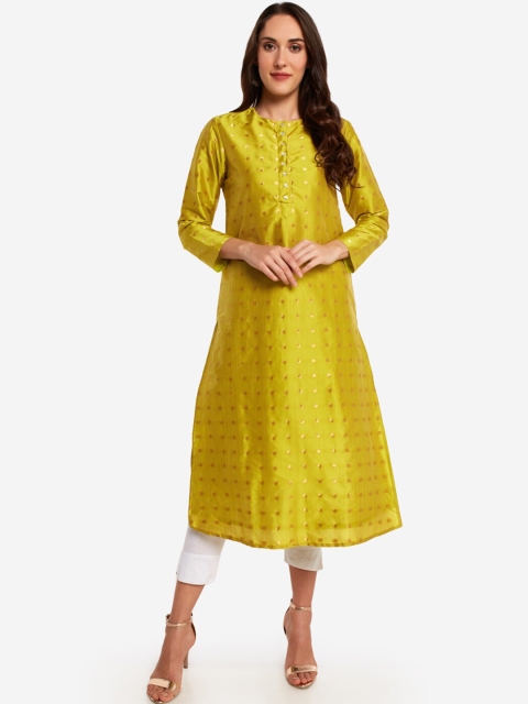 

Desi Weavess Women Lime Green & Gold-Coloured Woven Design Straight Kurta