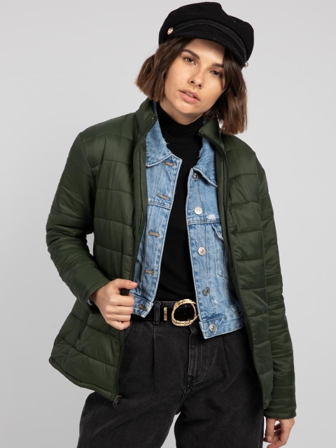

Bewakoof Women Green Checked Puffer Jacket