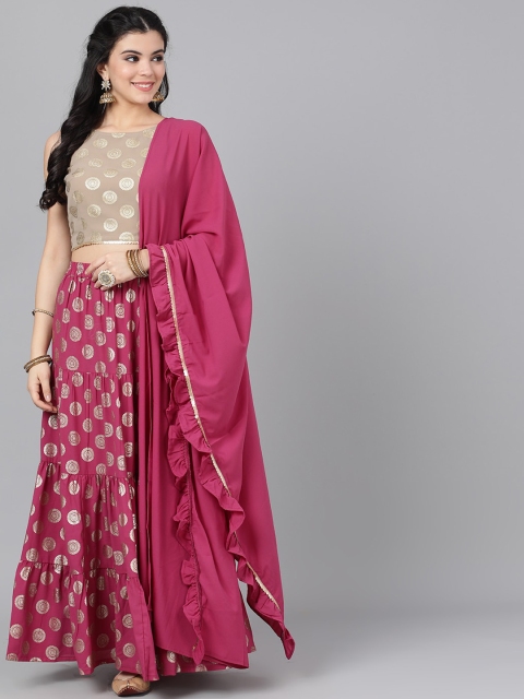 

AKS Couture Magenta & Gold-Coloured Printed Ready to Wear Lehenga & Blouse with Dupatta