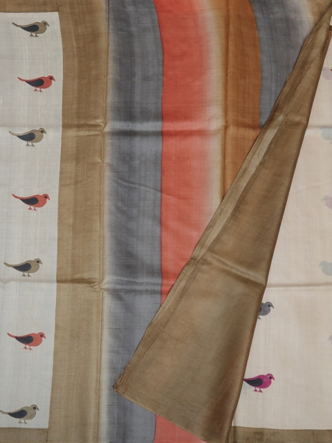 

Pothys Cream-Coloured & Green Jute Silk Printed Tussar Saree