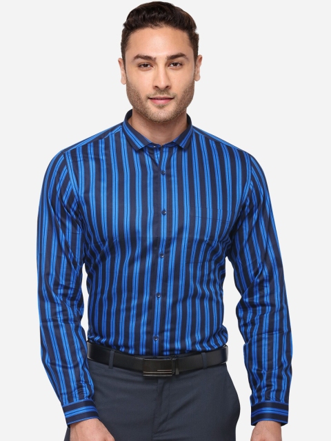 

Greenfibre Men Navy Blue & Black Slim Fit Striped Semiformal Shirt