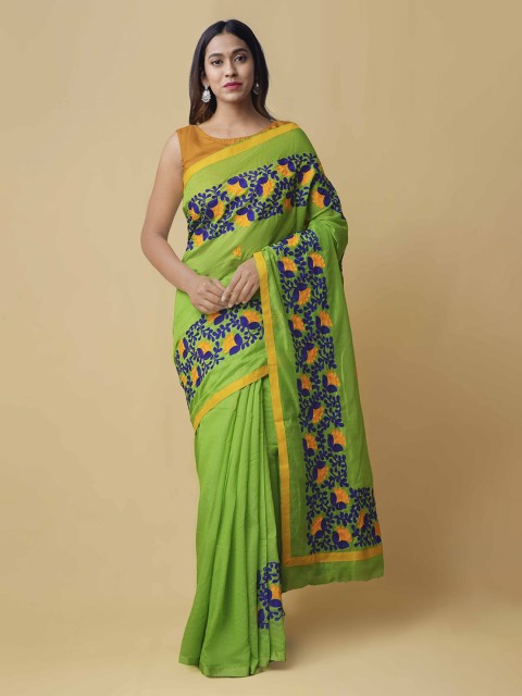 

Unnati Silks Green & Navy Blue Pure Cotton Woven Design Handloom Saree