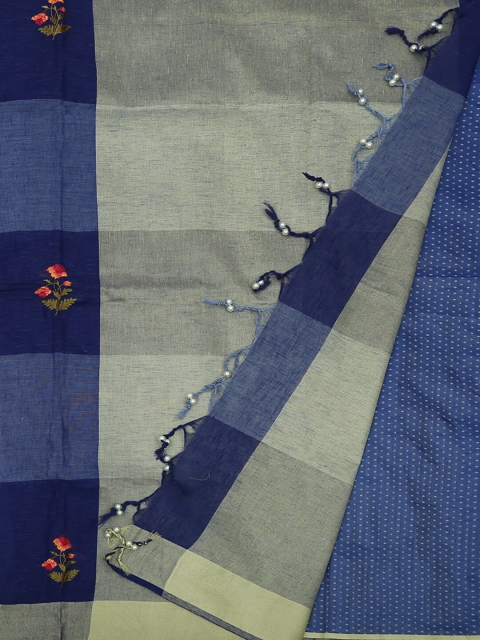 

Pothys Blue & Grey Linen Cotton Checked Saree