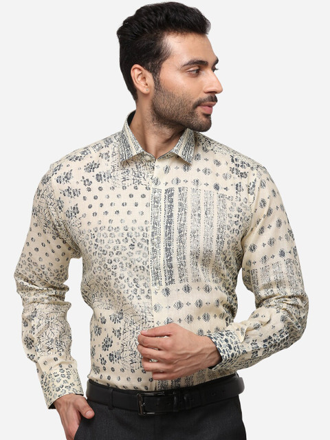 

JB STUDIO Men Beige & Grey Slim Fit Printed Linen Formal Shirt