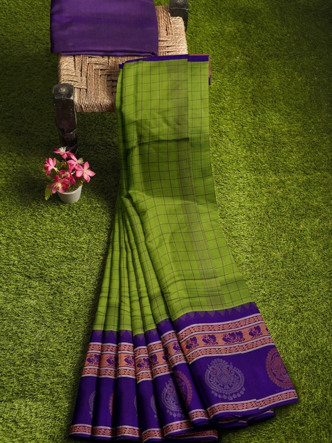 APCO Green Checked Handloom Silk Cotton Saree