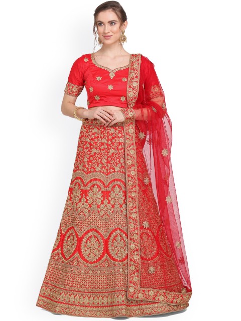 

VRSALES Red & Gold-Toned Embroidered Semi-Stitched Lehenga & Unstitched Blouse with Dupatta