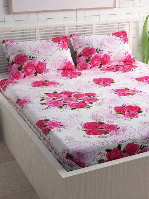

Divine Casa White & Pink Floral 144 TC Cotton 1 King Bedsheet with 2 Pillow Covers