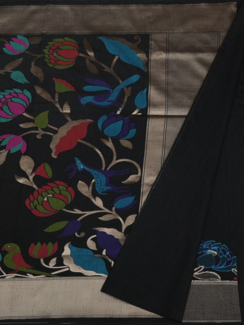 

Pothys Black & Blue Pure Linen Floral Print Woven Design Saree