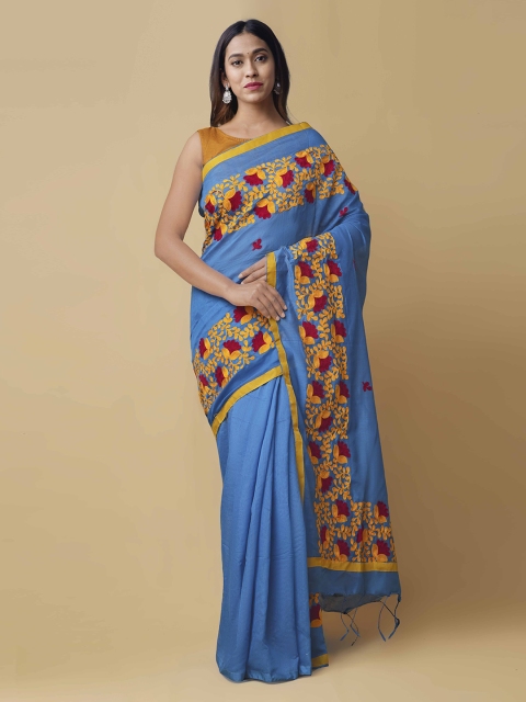 Unnati Silks Blue & Yellow Pure Cotton Embroidered Saree