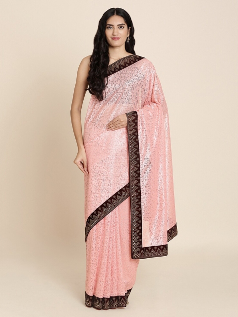 

Koskii Pink & Maroon Net Woven Design Saree