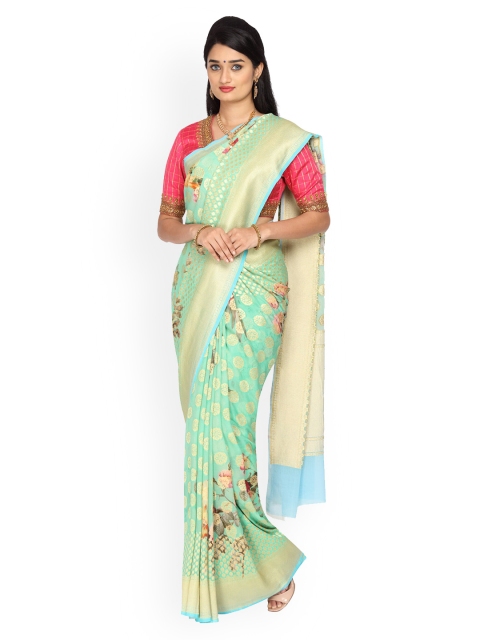 

Vijayalakshmi Silks Green & Gold-Toned Pure Silk Woven Design Banarasi Saree