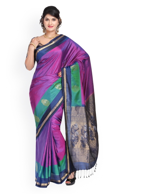 

Vijayalakshmi Silks Blue & Gold-Toned Pure Silk Striped Saree