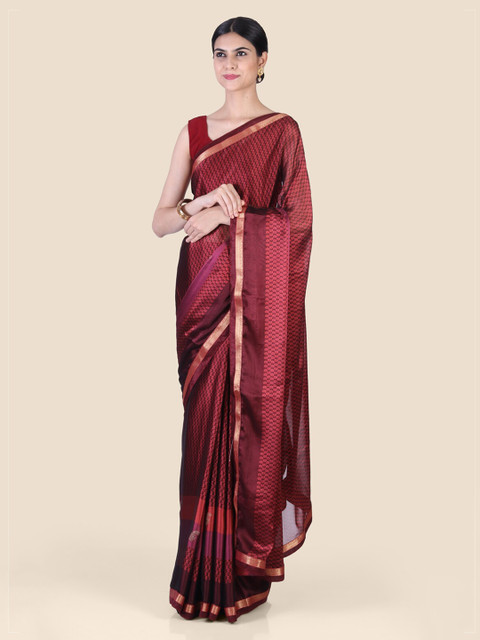 

Hastakala Maroon & Brown Poly Georgette Woven Design Saree