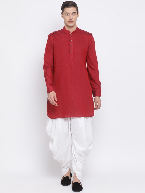 

VASTRAMAY Men Maroon & White Solid Kurti with Dhoti Pants