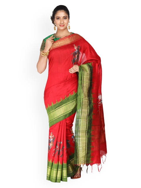 

Vijayalakshmi Silks Green & Red Pure Silk Printed Tussar Saree