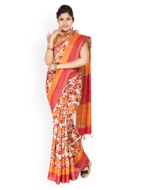 

Vijayalakshmi Silks Off-White & Red Pure Silk Printed Tussar Saree