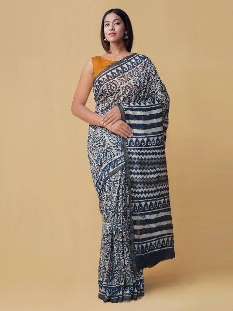 

Unnati Silks Blue & White Silk Cotton Printed Chanderi Saree