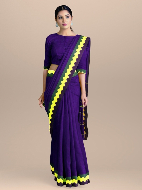 

BharatSthali Violet & Yellow Silk Cotton Striped Sustainable Saree
