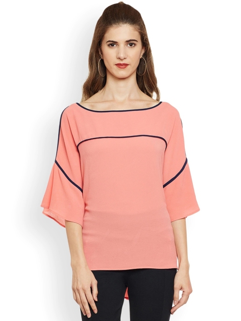 

Latin Quarters Women Coral Pink Solid High-Low Top