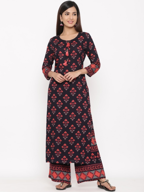 

kipek Women Navy Blue & Red Printed Kurta with Palazzos