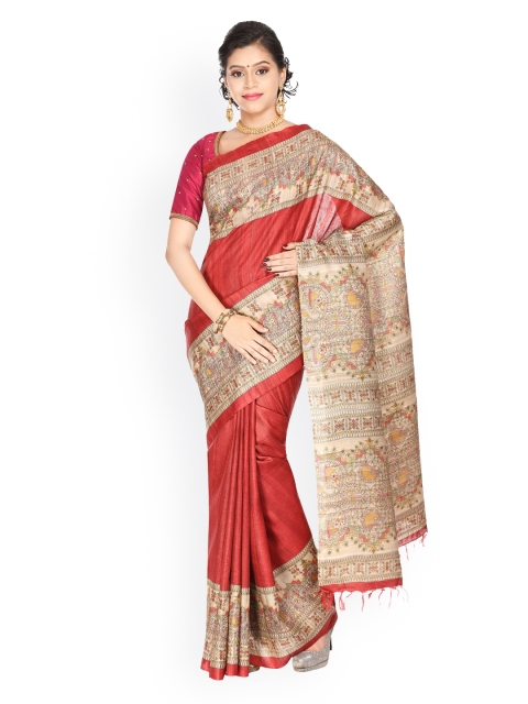 

Vijayalakshmi Silks Beige & Maroon Pure Silk Printed Tussar Saree