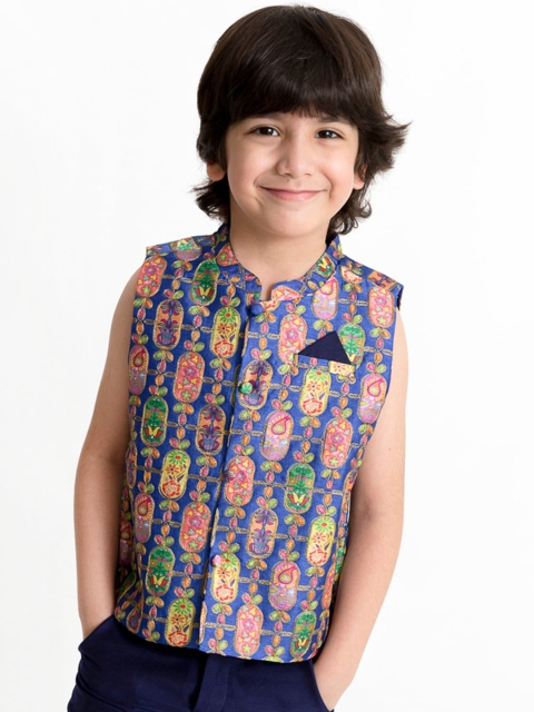 

Lil Peacock Boys Blue & Pink Woven Design Nehru Jacket