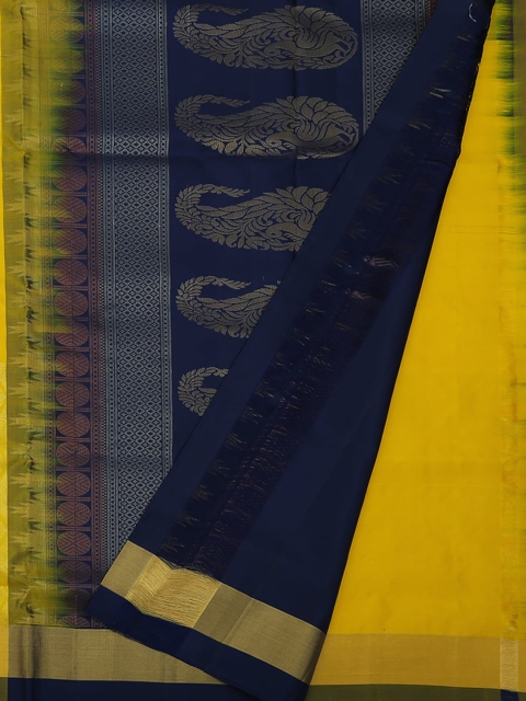 

Pothys Yellow & Navy Blue Pure Silk Colourblocked Saree