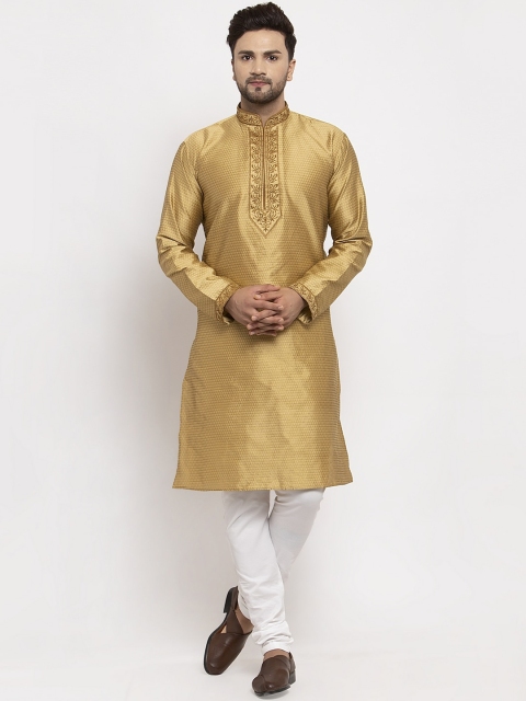 

Benstoke Men Gold-Coloured & White Woven Design Kurta with Churidar