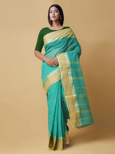 

Unnati Silks Green & Gold-Toned Pure Handloom Bengal Cotton Tant Saree