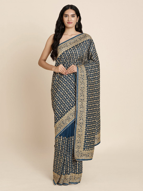 

Koskii Navy Blue & Beige Art Silk Embellished Saree