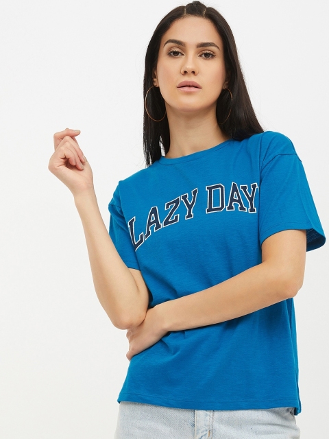 

Harpa Women Blue Solid Round Neck Pure Cotton T-shirt