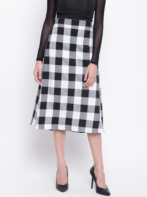 

FABNEST Women Black & White Checked A-Line Midi Pure Cotton Skirt