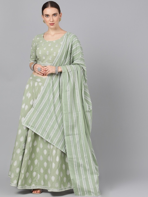 

AKS Green & White Printed Ready to Wear Lehenga & Blouse with Dupatta